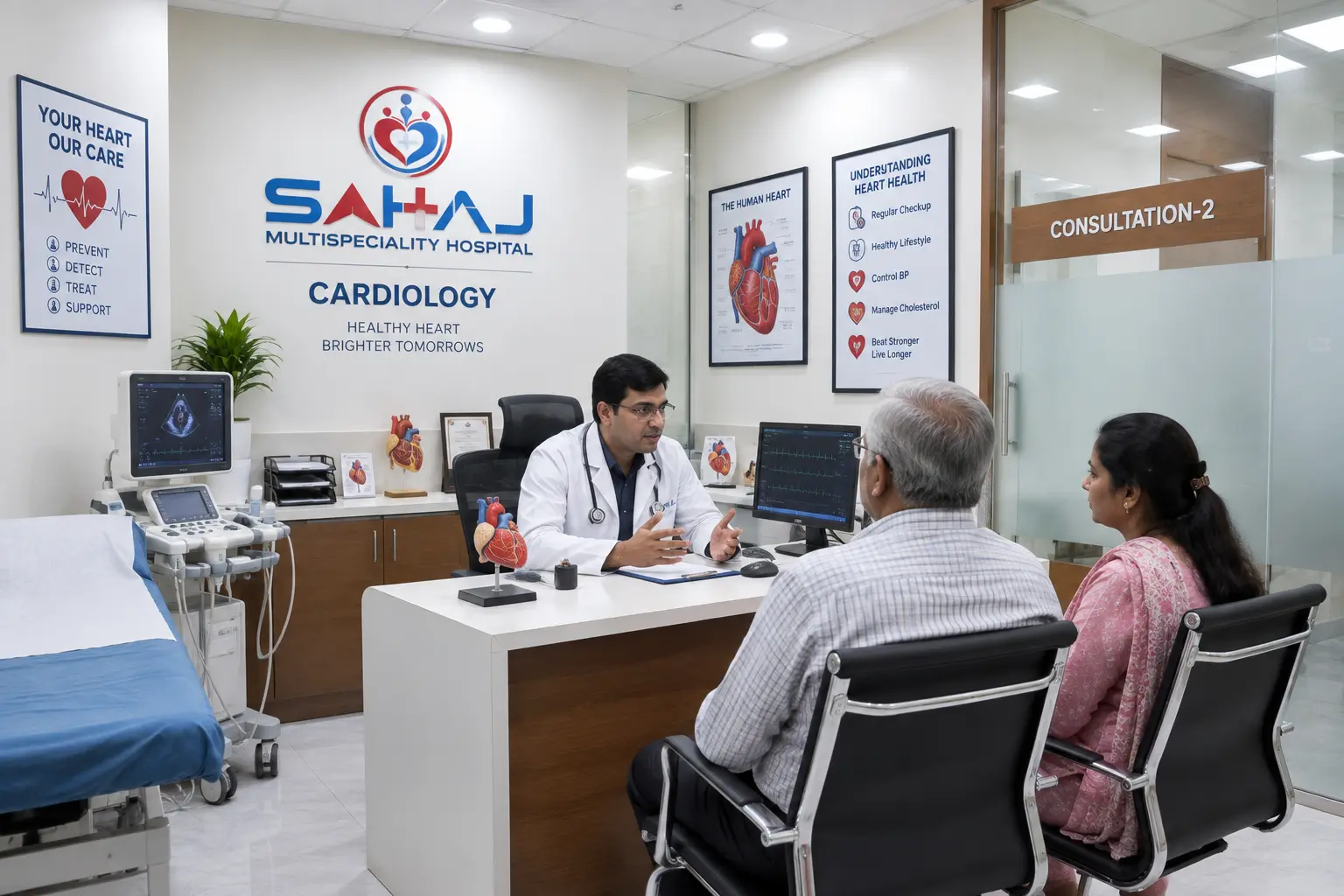 Cardiology consultation room at SAHAJ Multispeciality Hospital, South Bopal, Ahmedabad