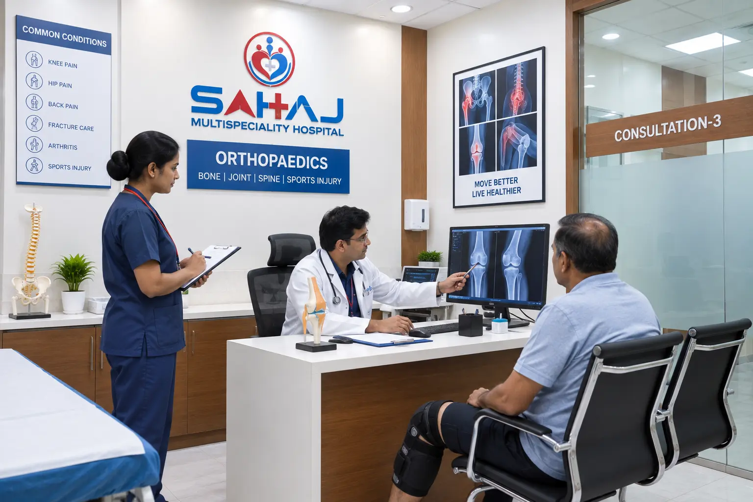 Orthopaedics consultation room at SAHAJ Multispeciality Hospital, South Bopal, Ahmedabad