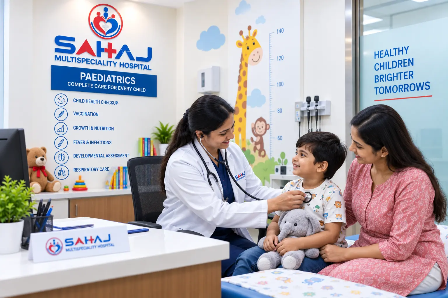 Paediatrics consultation room at SAHAJ Multispeciality Hospital, South Bopal, Ahmedabad